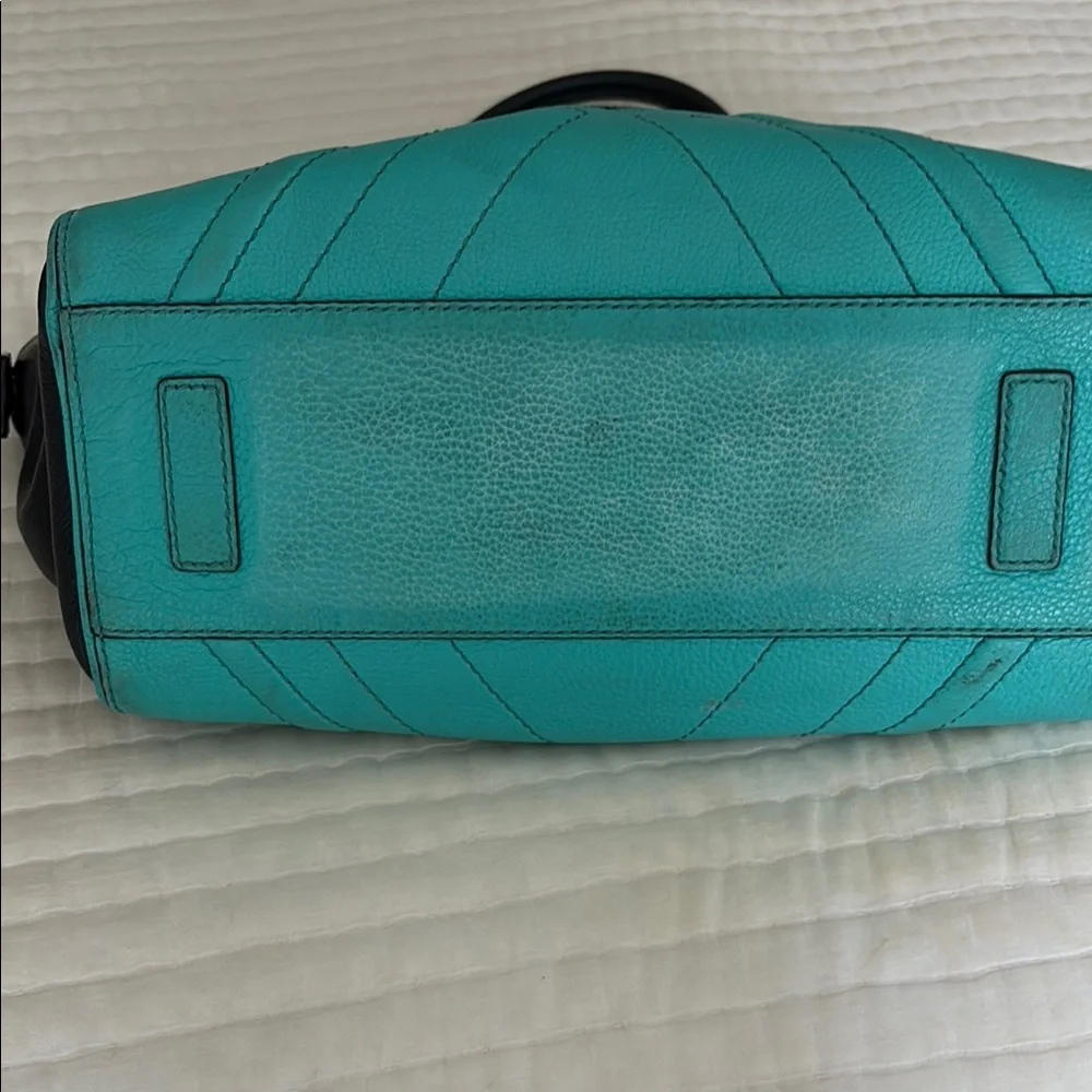 Milly Black and Turquoise Satchel with Geometric Stitching - Picture 5 of 7